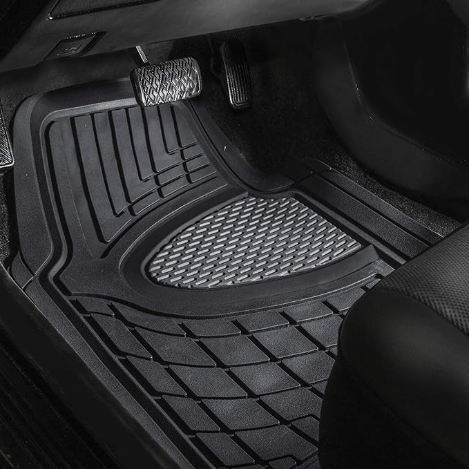 FH GROUP Car Seat Covers Premium Tall Channel Rubber Trimmable Floor Mats w. FH3001 Snake Pattern Silicone Steering Wheel Cover- Universal Fit for Trucks, SUVs, and Vans (Gray/Black) F11311