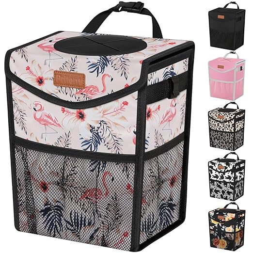 Pritent Car Trash Can with Lid, Cute Leakproof Car Trash Garbage Bag Hanging Vehicle Trash Bin Small Portable Automotive Garbage Cans Organizer for Back/Front Seat/Console(2.8 gal,Flamingo Print
