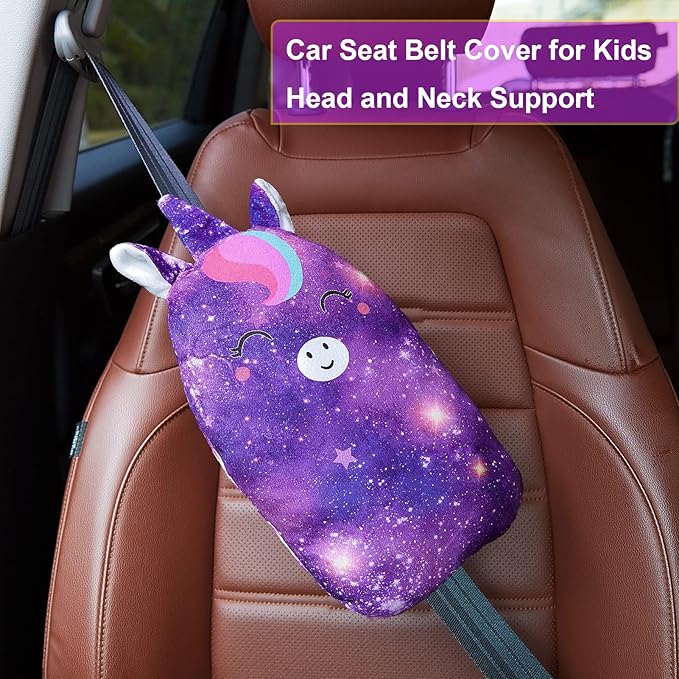 FIODAY Car Seat Belt Covers for Kids Unicorn Seat Belt Pillow Soft Seat Belt Cushion Adjust Seat Strap Pillow Head Neck Support for Children Boys Girls Travel, Deep Purple