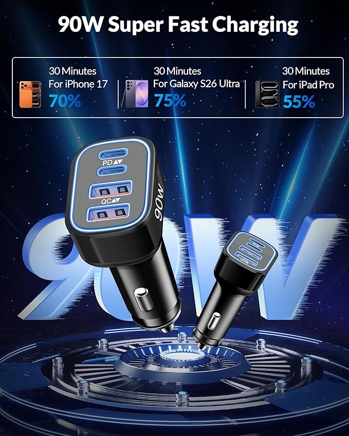 90W Fast Car Charger USB C, 2 Pack 4-Port Cigarette Lighter USB Charger Super Fast Charging, Multiport Car Phone Charger Accessories for iPhone 17/16/15/14/13/12 Pro Max, iPad, Galaxy, Tablet, Android