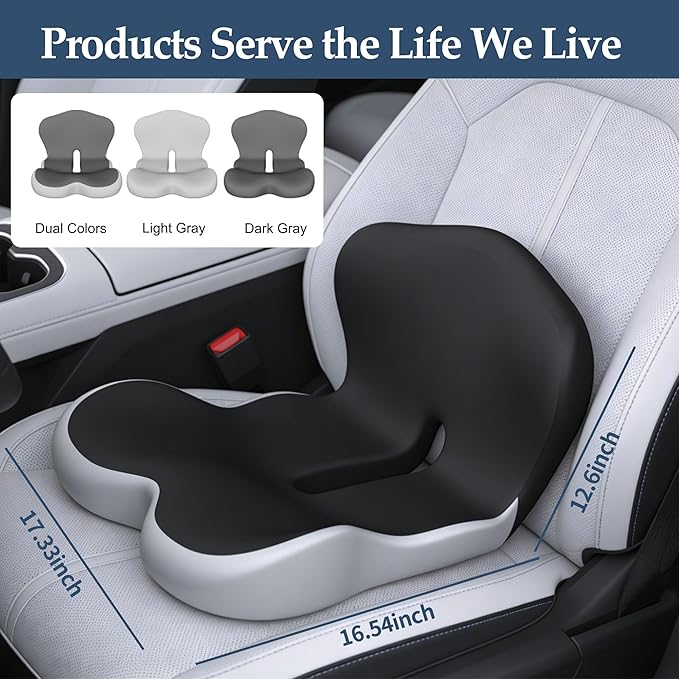 Onever Ergonomic Memory Foam Seat Cushion, Lumbar Support Non Slip for Truck Driver Long Driving Office Chair Back Tailbone Pain Relief Dual Color Black&Grey