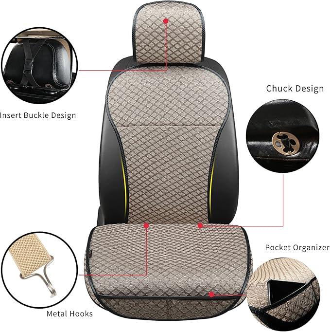 Breathable Car Seat Cover,Luxury Front Seat Cover,Durable and Non Slip,Polyester Silk Material, Universal Car Seat Cushion,Suitable for All Seasons,Airbag Compatible (Beige，1PC)