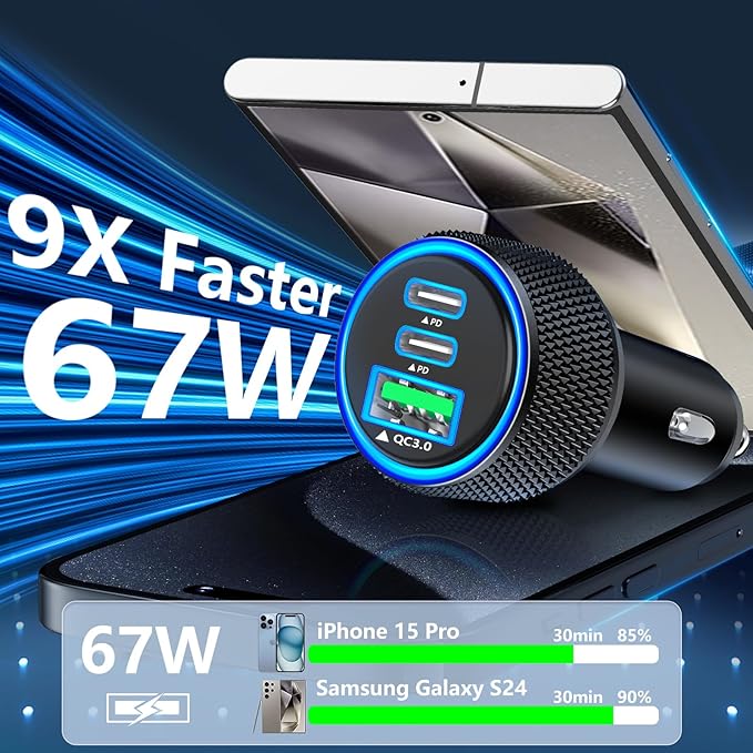 [Apple MFi Certified] iPhone 17 Car Charger Fast Charging, KYOHAYA 3-Port 67W PD/QC Car Power Adapter USB-C Charger Cigarette Lighter + Type-C Braided Cord for iPhone 17/17 Pro/16 Pro/15/Galaxy/Pixel