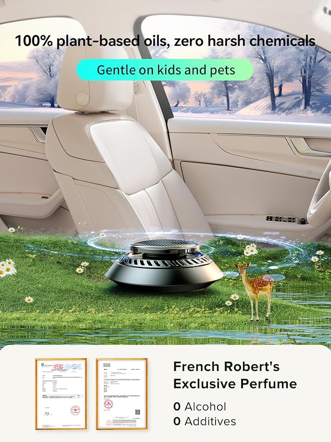 Ceeniu Solar Car Air Freshener F21, DIY Essential Oils, UFO Solar-Powered Auto Rotary Diffuser, Natural French Fragrance Cologne & Ocean, Two Oils, Aluminum Alloy, Dashboard Aromatherapy Freshener