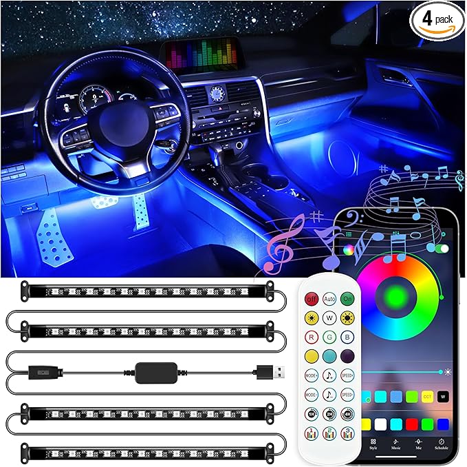 LivTee Smart Car Interior Lights, RGB LED Accent Lights with App Control, DIY Mode, Music Mode, 2-Line Design, Car Accessories for Women