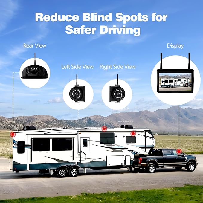 3-Camera Wireless RV Backup System, 7" 1080P Touch Screen with 1 Rear Camera for Furrion Pre-Wired Plug and 2 Side Cameras, IP69 Waterproof, IR Night Vision Camera for RV Trailer, WF703