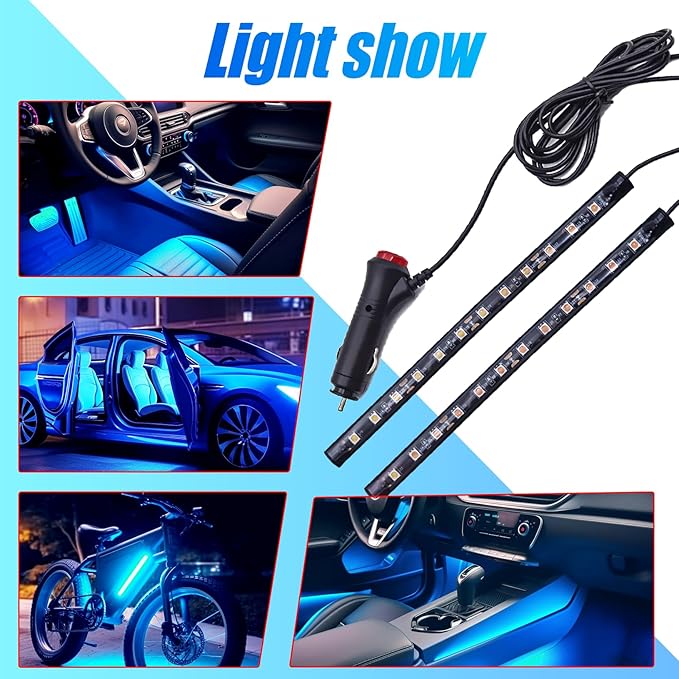 LED Interior Lights DC 12V Seat Ambient Light Cigarette Lighter, Car Uncer Dash LED Light Strip DRL Daylight Strip Car Icyblue Atmosphere Lights-2 splitters in1