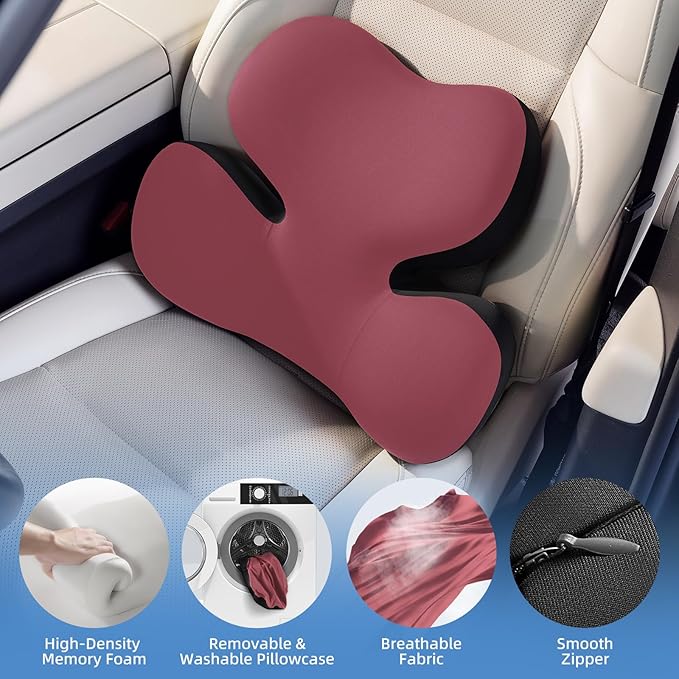BEBAS Lumbar Support Pillow for Car, Ergonomic Memory Foam Back Cushion for Driving, Lower Back Support for Pain Relief, Lumbar Cushion for Car Seats, Office Chairs, Wheelchairs - Red