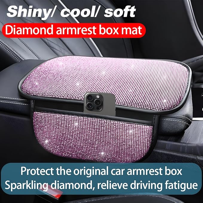 Bling Car Center Console Cover, Crystal Rhinestone Vehicle Armrest Cover Cushion with 2 Storage Bags for Women Girls, Diamond Auto Storage Box Protector Pad, Universal Fit (Pink)
