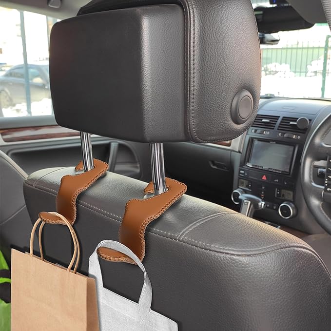 2Pcs Car Seat Headrest Hooks, Back Seat Purse Leather Hanger Holder Hook, Magnetic Storage Organizer for Purses Handbag Grocery Bags Coats