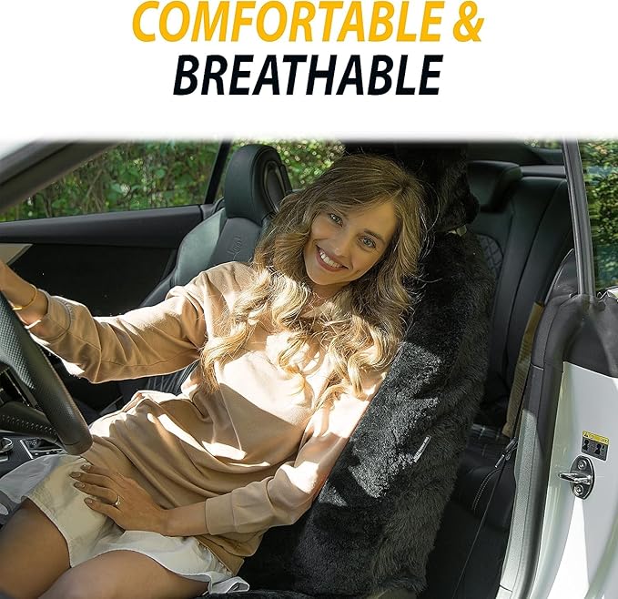 ZONETECH Sheepskin Seat Covers Fuzzy Car Seat Covers Black Australian Merino Wool Fluffy Fur Auto Accessories All Season Protection for Your Seats Universal Fits Most Car SUV Airbag Compatible 2-Pack