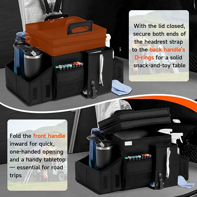 LUVHOMEE Car Organizers and Storage for Backseat & Front Seat - Collapsible Car Caddy w/Headrest Strap, Leakproof Cooler, Lid & Cup Holders | Fits Passenger Seat, Easy-Access Travel Snacks & Drinks