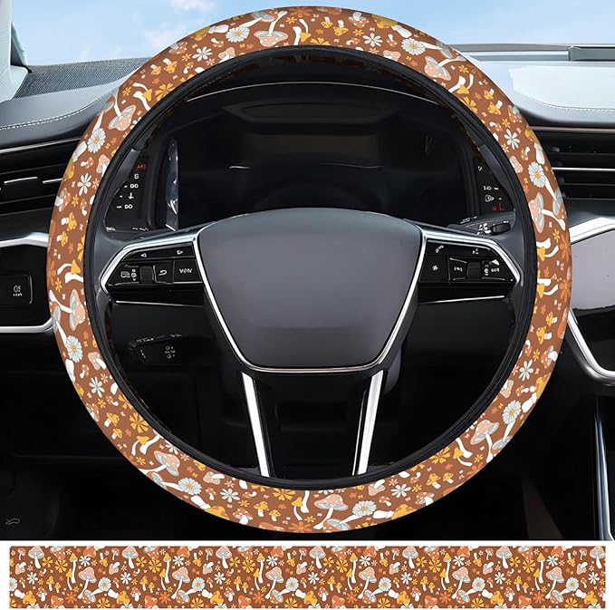 Elastic Car Steering Wheel Cover, Universal 15 inch Non-Slip Breathable Neoprene Steering Wheel Protector, Car Accessories for Women Men Fit Auto, Suvs, Truck Retro Mushroom