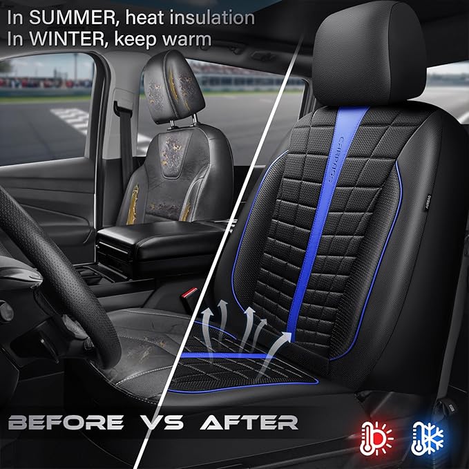 CAR PASS 3D Air Mesh Black Blue Seat Covers for Car,Leather Car Seat Cover Front Seats,Breathable Foam Premium Leather Mesh Front Seat Covers Universal Fit for Cars Sedans Trucks Vans SUVs,Black Blue
