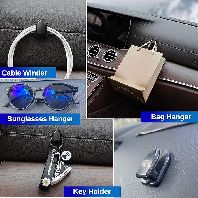 Randconcept - Car Key Holder Hanger for Mask Car Dashboard Hook Stick on Dashboard | Wall Fob Hanging Hooks | Key Fob Holder | USB Cable Organizer | Earphone Cable Winder (4 Pack)