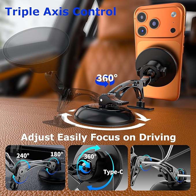 Dual Support for MagSafe Car Mount, Magnetic Phone Holder for Car with Vacuum, 360°Adjustable Metal Head &Extension Rod, Cell Phone Holders for Your Car for iPhone17/16/15/14/13/12, Android