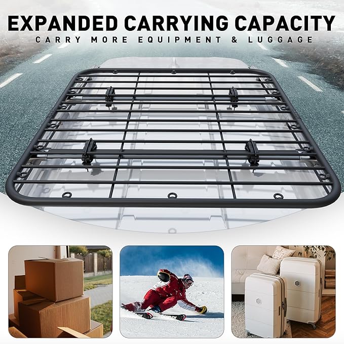 WILDROAD Car Roof Platform, Universal Roof Flat Rack 48" x 47" x 1.3" Heavy Duty Roof Rack Platform with Super Duty Bungee Cargo Net, Ratchet Straps and Anti-Rust Sealant Fits for SUV Truck Cars