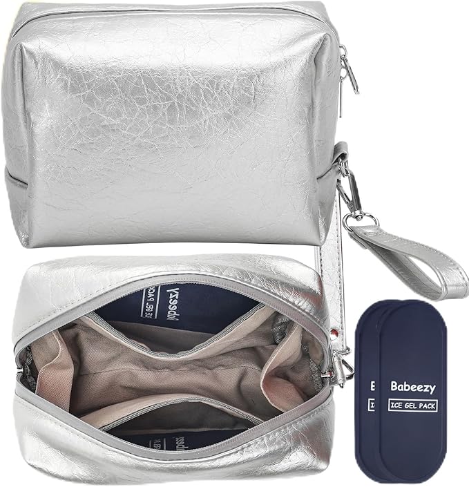 Insulated Makeup Bag with 2 Reusable Ice Packs Heat-Resistant Cosmetic Travel Pouch, Silver Vegan Leather Organizer with Water-Resistant Double Zipper & Wrist Strap(Small: 7.5 x 4.0 x 5.0 in)