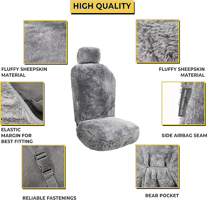 ZONETECH Sheepskin Seat Covers Fuzzy Car Seat Covers Grey Australian Merino Wool Fluffy Fur Auto Accessories All Season Protection for Your Seats Universal Fits Most Car SUV Airbag Compatible 4-Pack