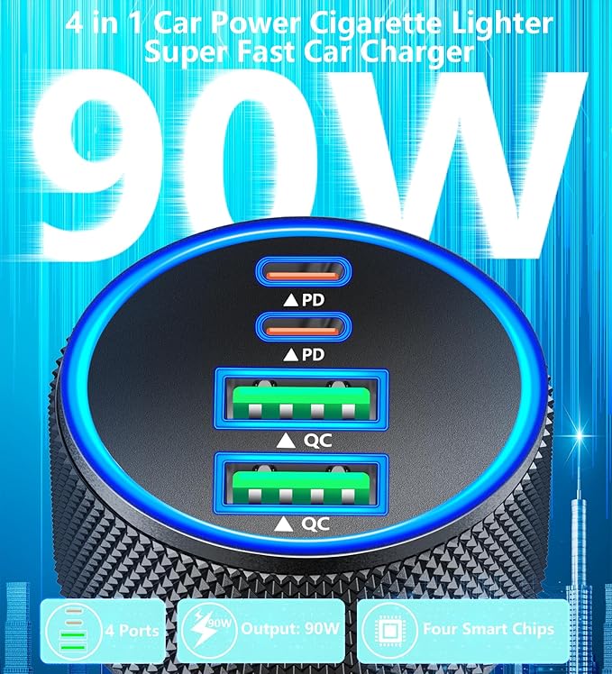 [Apple MFi Certified] iPhone 17 Car Charger Fast Charging, KYOHAYA 4-Port 90W USB-C&USB-A Power Cigarette Lighter PD/QC USB-C Car Charger + Type-C Braided Cord for iPhone 17/17 Pro/16/15/Galaxy/Pixel