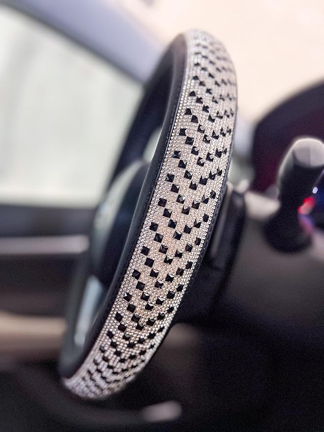 LordLord AutoFashion 15 Inch Luxury Universal Steering Wheel Cover Rhinestone Crystals Anti-Slip Microfiber Leather for Women Girls Men Boys Car Accessory Bling Diamonds Black (JX06)