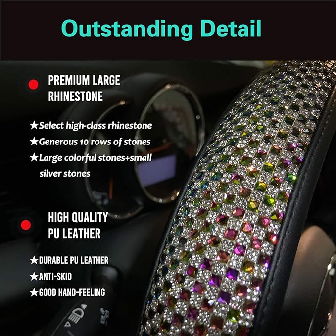 PINCTROT Large Size Bling Comfy Steering Wheel Cover with Jumbo Crystal Rhinestones, Anti-Slip Diamond Leather, 15.5-15.75 Inch (Colorful)