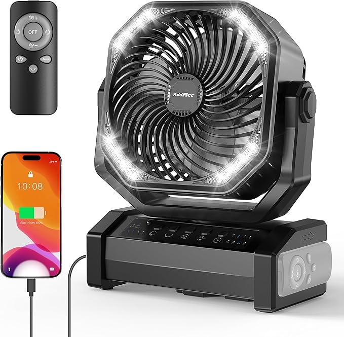 AddAcc 20000mAh Rechargeable Camping Fan - Battery Operated Fan with Light & Remote, Auto Oscillating, 4 Timer, 60 Hrs Work Cordless Tent Fan for Travel Outdoor RV Garage Power Outage Emergency