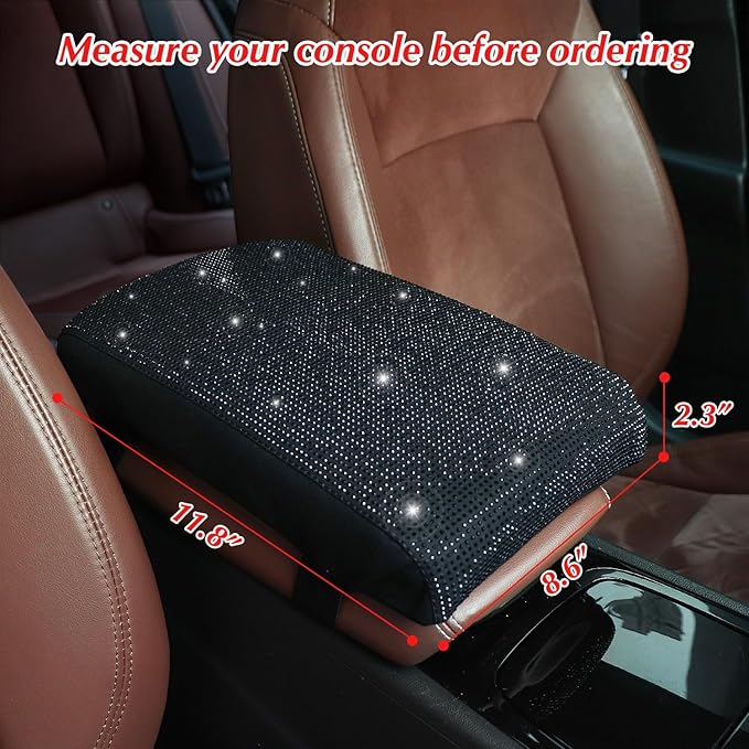 Black Bling Car Armrest Cover with Memory Foam Cushion Pad & Rhinestones, Universal Diamond Center Console Cover for Cars, Bling Middle Console Cover, Bling Car Accessories for Women, Black