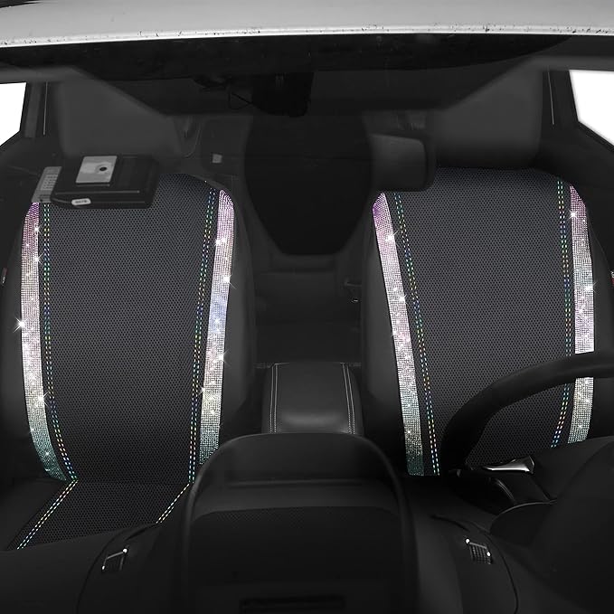 CAR PASS Leather Bling Diamond Car Seat Covers 2 Front Interior Sets, Waterproof Universal Shining Glitter Crystal Sparkle Fit for 95% Auto Truck SUV Cute Women Girl, Black Multicolor Rhinestone