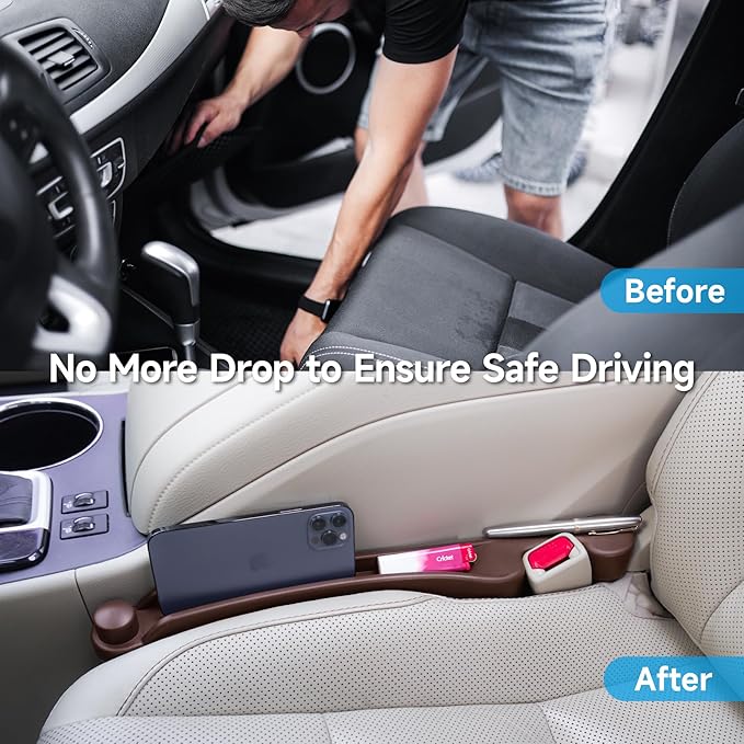 Car Seat Gap Filler 2 Pack Soft Foam Multifunctional Seat Side Gap Filler with Organizer & Hook Function, 3in1 Gap Stopper Universal Fit Car SUV Truck Fill The Gap Between Seat & Console (Deep Brown)