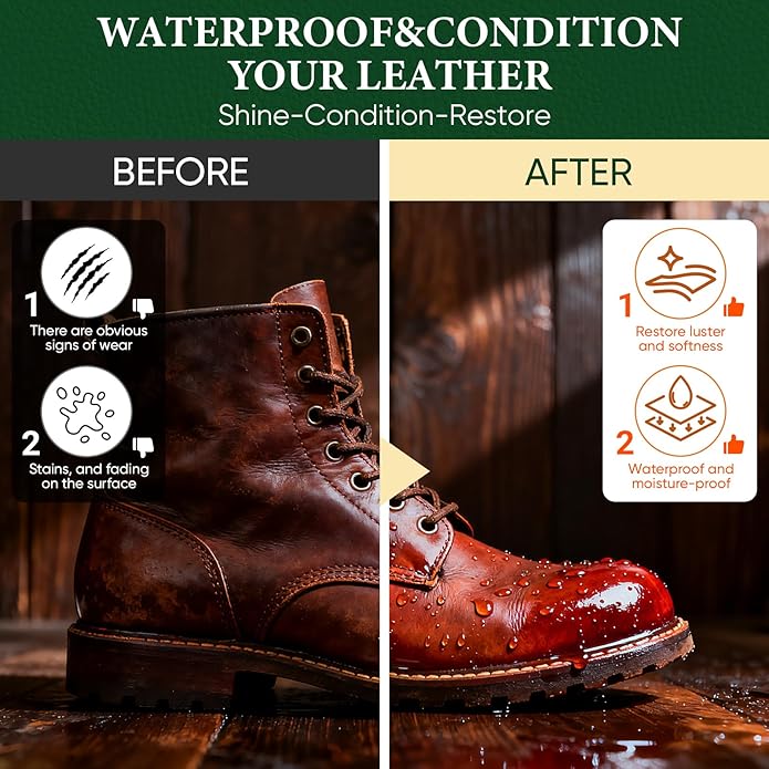4-in-1 Mink Oil Leather Conditioner and Cleaner 3.52 oz - Premium Waterproof Formula for Leather Cowboy Boots,Shoes,Saddles & Bags with Horsehair Brush, Sponge & Microfiber Cloth