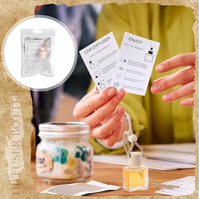 Boao 50 Sets Hanging Car Air Freshener Diffuser Bottles with Instruction Card and 4 x 6'' Resealable Holographic Bag for Empty Car Essential Oil Perfume Bottles Packaging (Cube)