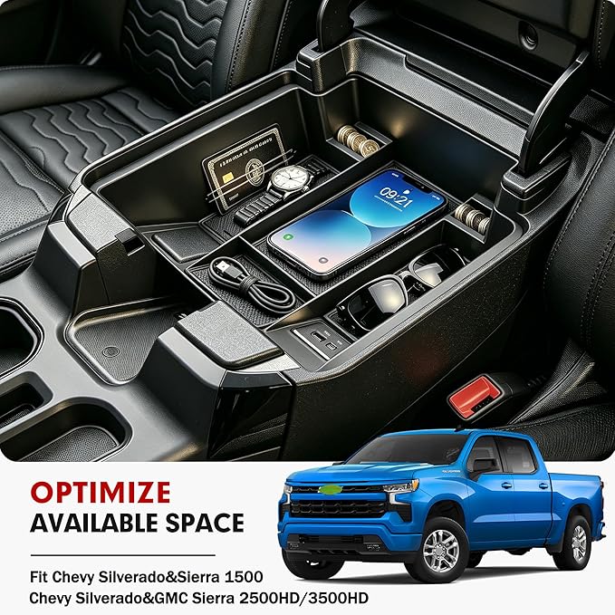 Autorder Center Console Organizer for 2022-2026 Chevy Silverado&GMC Sierra 1500/2024-2026 Silverado&Sierra 2500HD/3500HD Accessories Armrest Storage Box - Full Console w/Bucket Seats Only