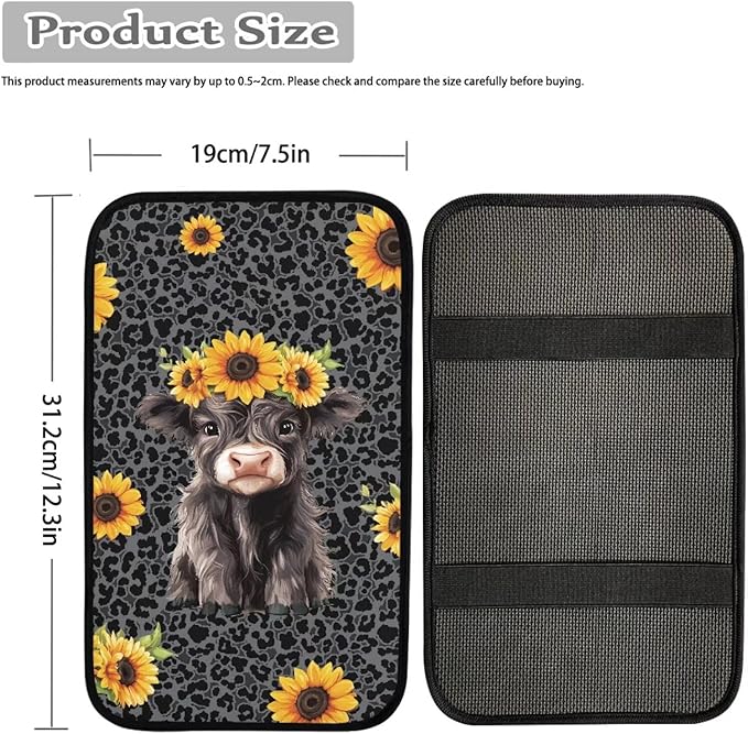 Dreaweet Black Leopard Print Center Console Cover Cute Sunflower Highland Cow Car Accessories for Women Arm Rest Cover for Truck Car SUV,Car Console Covers Soft Comfy Armrest Cover Cushion Pad