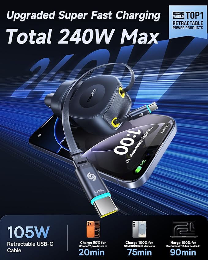Baseus 240W Retractable Car Charger USB C Fast Charging, VR2 Max 4 in 1 Fast Car Charger with Dual Retractable USB C Cable for iPhone 17 16 15 Pro Max, Samsung Galaxy S25 Ultra, Android, iPad, MacBook