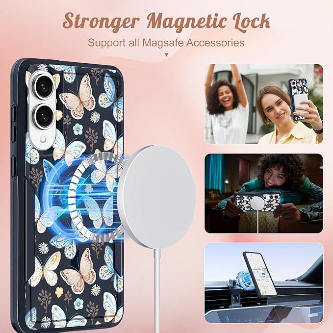 for Samsung Galaxy S25 Edge Case - Compatible with MagSafe Women Girls Cute Magnetic Protective Phone Cover Girly Blue Butterfly Heavy Duty Shockproof Design for Samsung S25 Edge Case