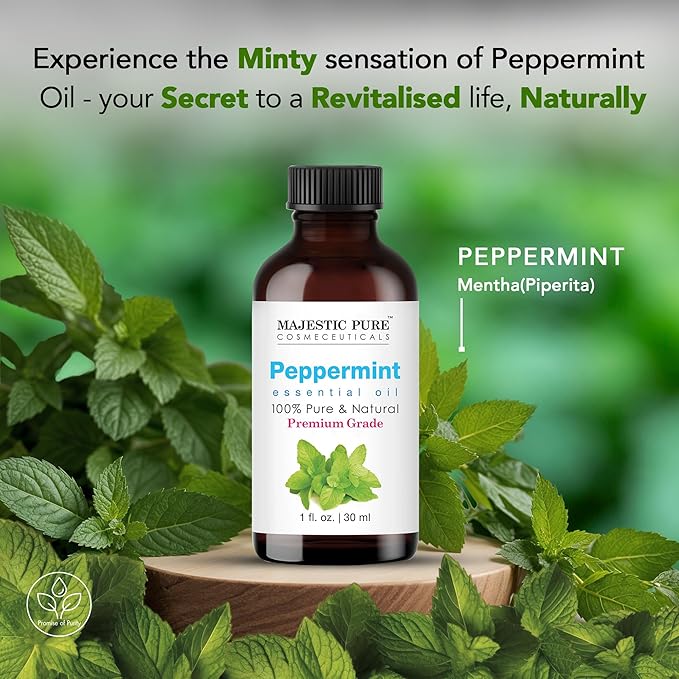 Majestic Pure Essential Oil with Glass Dropper - 100% Pure and Natural - Essential Oils for Diffuser, Aromatherapy, Soap and Candle Making, Peppermint Essential Oil, Peppermint Oil, 1 Fl Oz