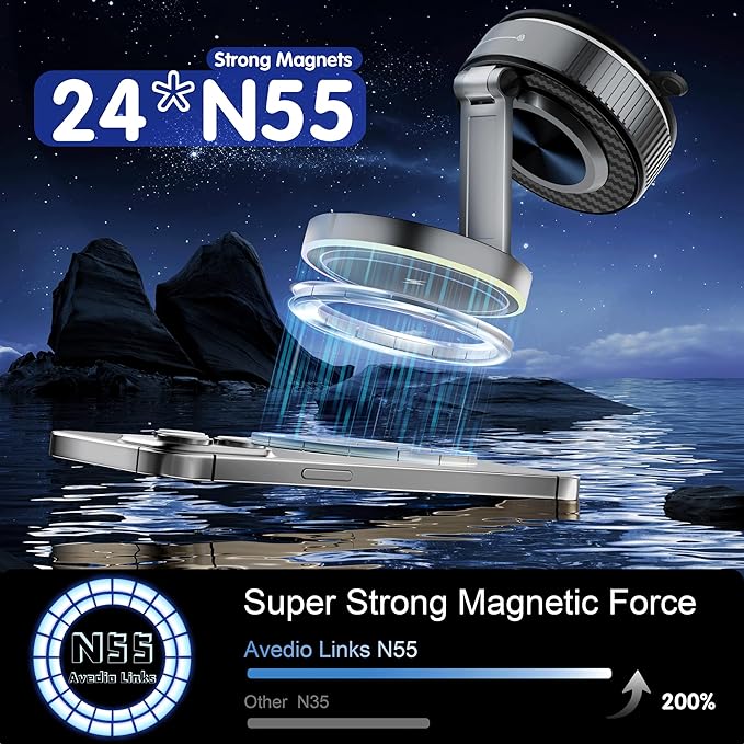 Magnetic Phone Holder for Car Wireless Charging, 15W Fast Wireless Car Charger with Vacuum Suction, 360° Adjustable Magnetic Mount for Dashboard & Windshield, Hands-Free for MagSafe iPhone & Android