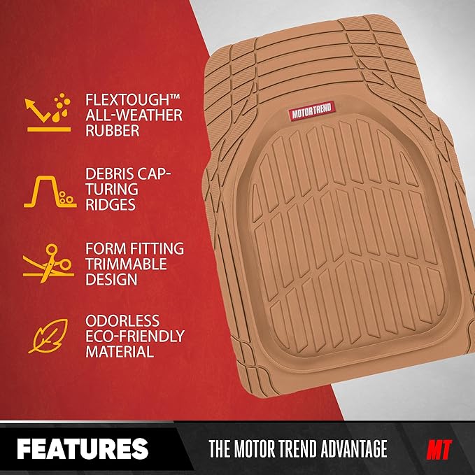Motor Trend FlexTough 4-Piece Heavy Duty Floor Mats for Cars Trucks SUVs, Automotive Floor Mats Car Mats Full Set Front, Rear & Cargo, Trim-To-Fit Semi-Custom Deep Dish All Weather Rubber Mats - Beige