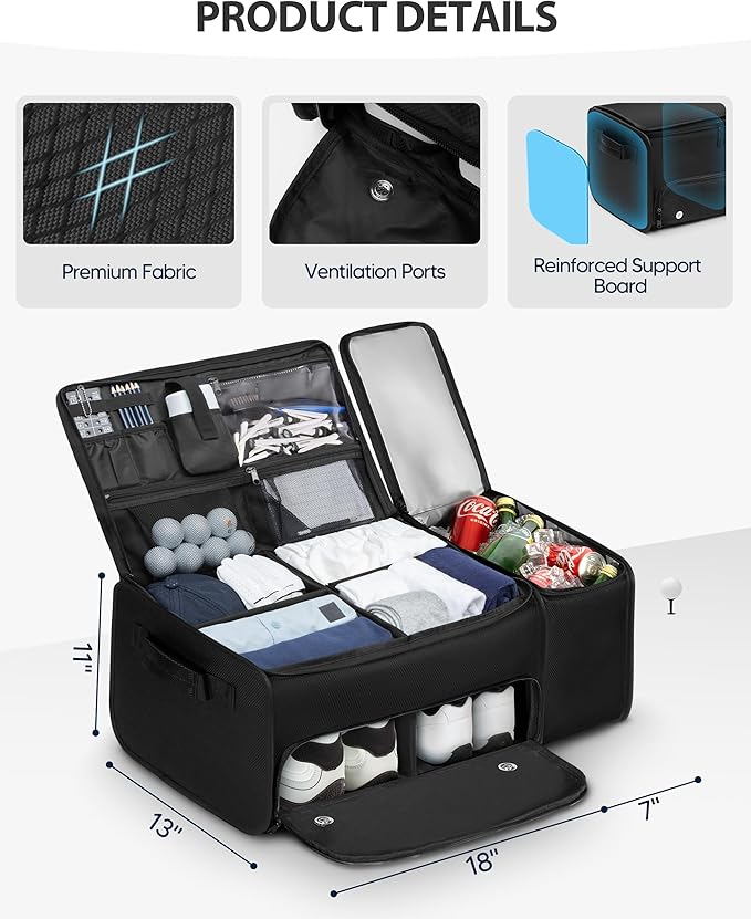 Marscamd Golf Organizer for Car Trunk with Cooler, Anti-Sag Design, Ventilated Shoe Compartment, 2-Layer Storage Bag for Golf Accessories, Fits SUVs & Sedans - Black