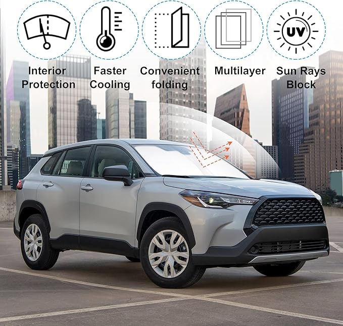 Windshield Sun Shade Custom Fit for 2022 2023 2024 2025 2026 Toyota Corolla Cross(Not for Corolla) Accessories Foldable Sunshade Sun Blocker Protect Car from Sun Rays & Heat Damage Keep Car Cooler