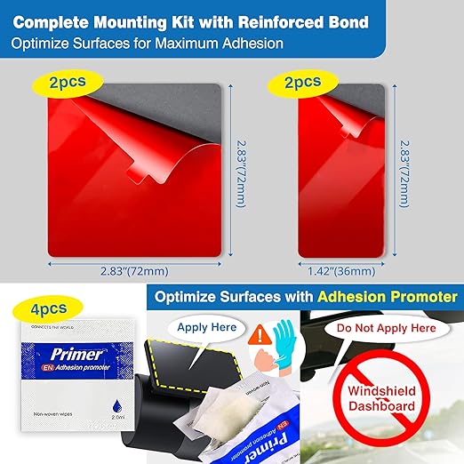 4-Pack Double-Sided Adhesive Pads for Dash Cam Mount – Heat-Resistant High-Bond Replacement Tape – 2 Square & 2 Rectangular Pads for Windshield and Dashboard – Includes Adhesion Promoter