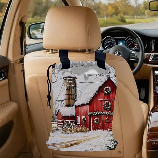 Snowy Red Barn Car Trash Bag,Mistletoe Wreaths Strap Drawstring Car Garbage Bags,Car Back Seat Organizer with Adjustable Buckle for Car Accessories