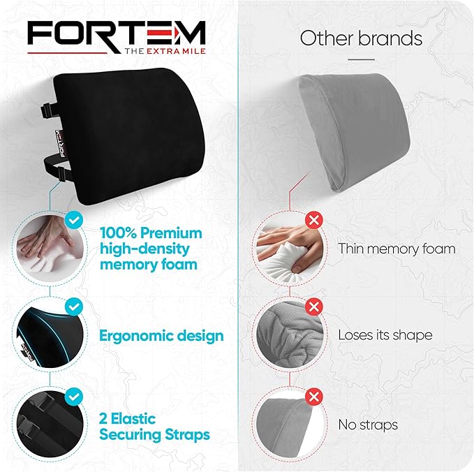 FORTEM Lumbar Support Pillow for Office Chair, Lumbar Support Pillow for Car, Back Rest for Gaming, Memory Foam Pillow, Desk Chair Cushion, Breathable & Washable Cover, Adjustable Straps