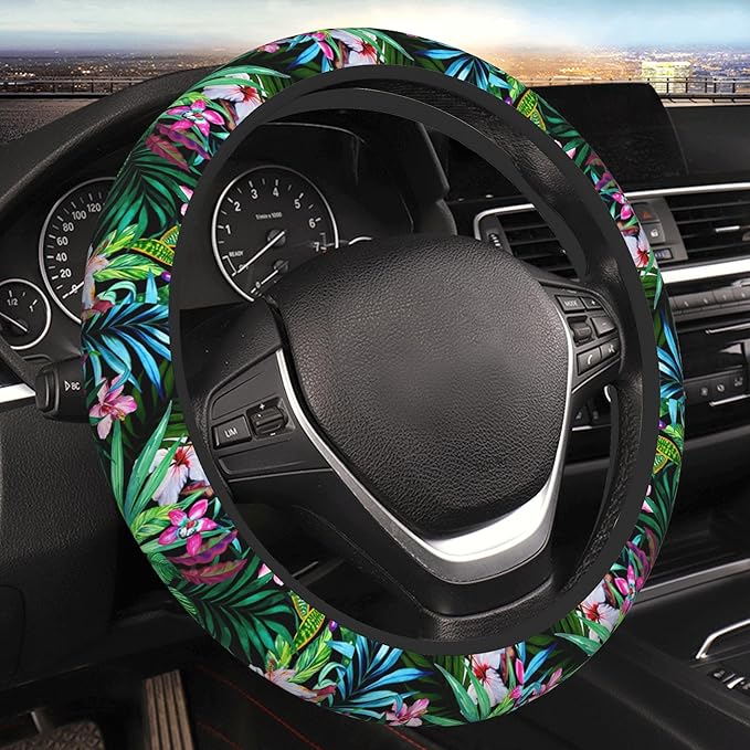 Tropical Car Steering Wheel Cover for Women Frangipani Hibiscus Palms 14-15 Inch Stretch Cloth Anti-Slip Wrap Protector Case Fit Universal Auto Accessories Decor Sweat Absorption (No Tools Needed)