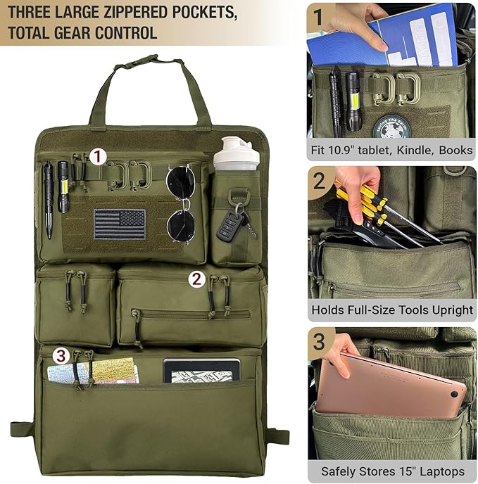 Tactical Seat Back Organizer Heavy Duty MOLLE Panel Organizer with Multiple Pockets & Hook Loop Panel for Road Trip Essentials, Universal Fit for Car SUV Truck Jeep (Army Green)
