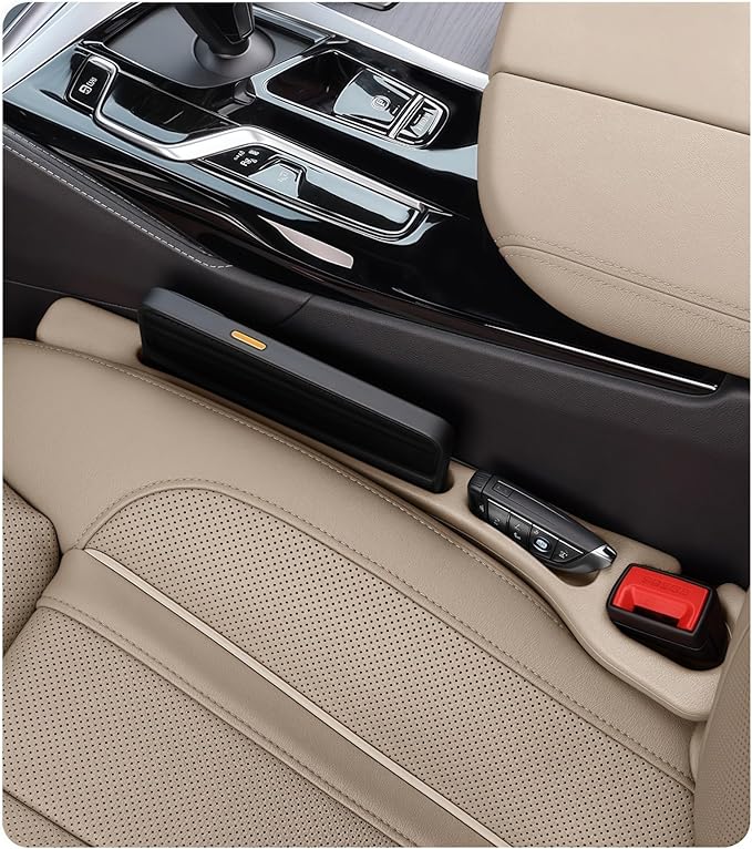Car Seat Gap Filler, 2-Pack No Drop Seat Guard Universal Fit Car Seat Gap Plug Anti-Drop with Storage, Fill The Gap Between Seat and Console, Auto Accessories for SUV Truck Sedan (Cream)