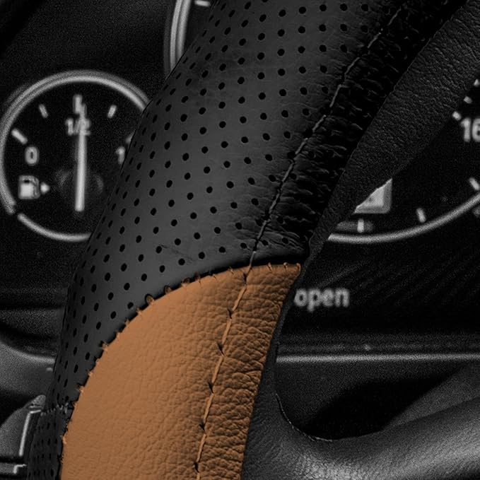 FH Group Universal Fit Perforated Genuine Leather Steering Wheel Cover Fits Most Cars, SUVs, and Brown