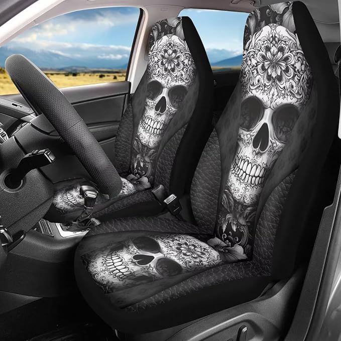 Sugar Skull Car Seat Cover Anti-Slip Back Fabric Soft Automobile Front Seat Covers Easy to Install All-Season Protection Universal Vehicle Accessories