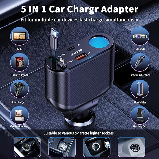 OHLPRO Retractable Car Charger Cigarette Lighter Adapter, 168W 5 in 1 Fast Phone Charging Built-in Replaceable Fuse, Socket Splitter with USB C and USB i Cord, Fit for Phone iPad Galaxy GPS, Black